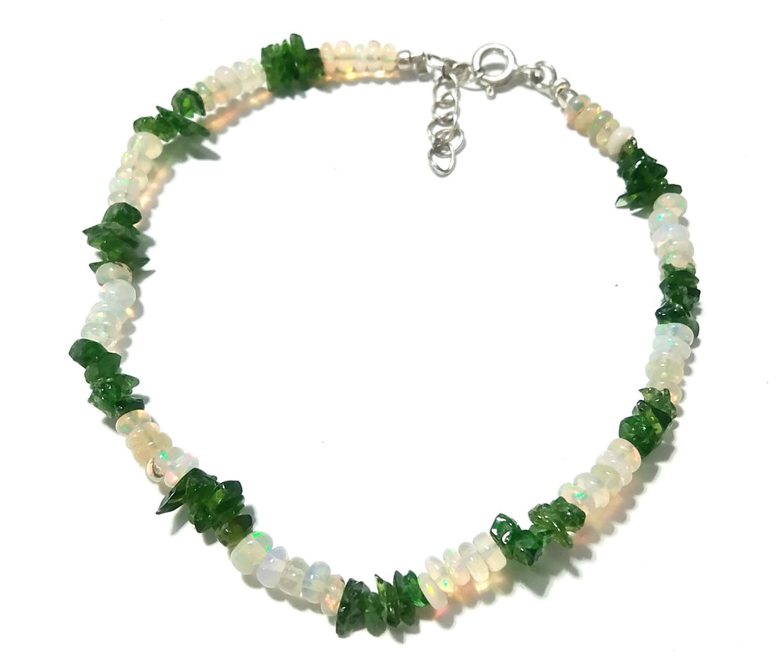 Natural Ethiopian Opal & Green Garnet Bracelet, Flashy Opal Gemstone Bracelet, December Birthstone Gift, Handmade Opal Jewelry, Gift For Her