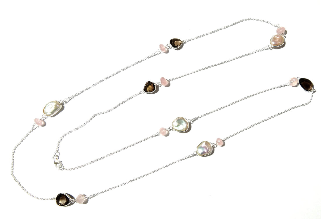 Very Beautiful Log Necklace ! Natural Gemstone Smoky Quartz, Rose Quartz & Pearl Log Beaded Necklace With 925 Starling Silver Length 40 inch