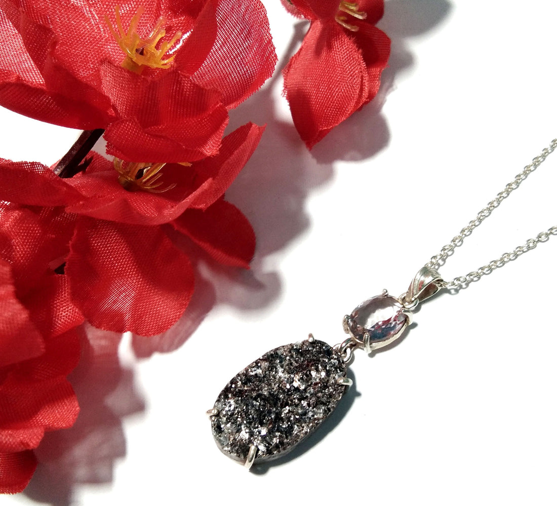 Natural Black Silver Mica Druzy/Faceted Amethyst Gemstone Chain Pendant Necklace, 925 Starling Silver Pendant Handmade Jewelry Birthday Gift