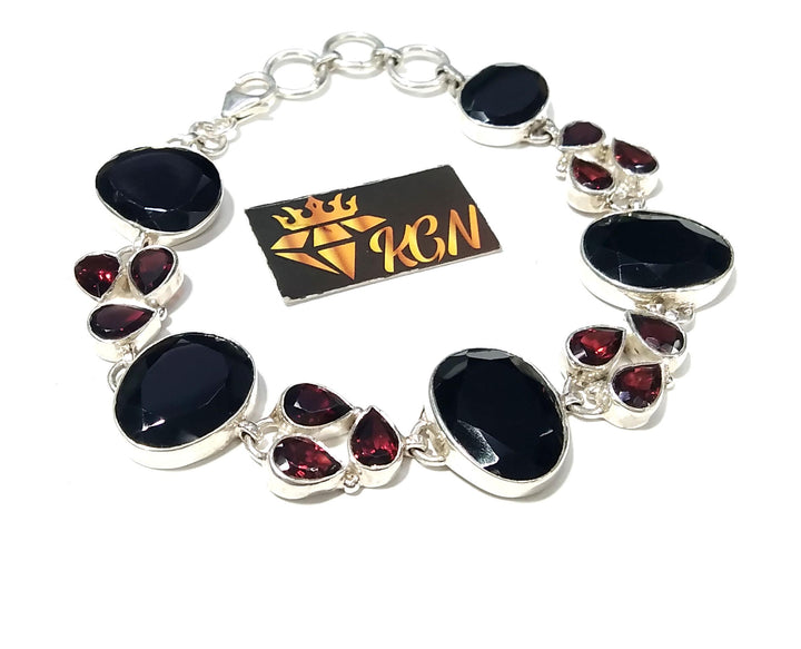 Natural Black Onyx, Garnet Gemstone Bracelet, Solid 925 Starling Silver Bracelet, 8 inches Gift Valentine day Bracelet, Handmade Jewelry