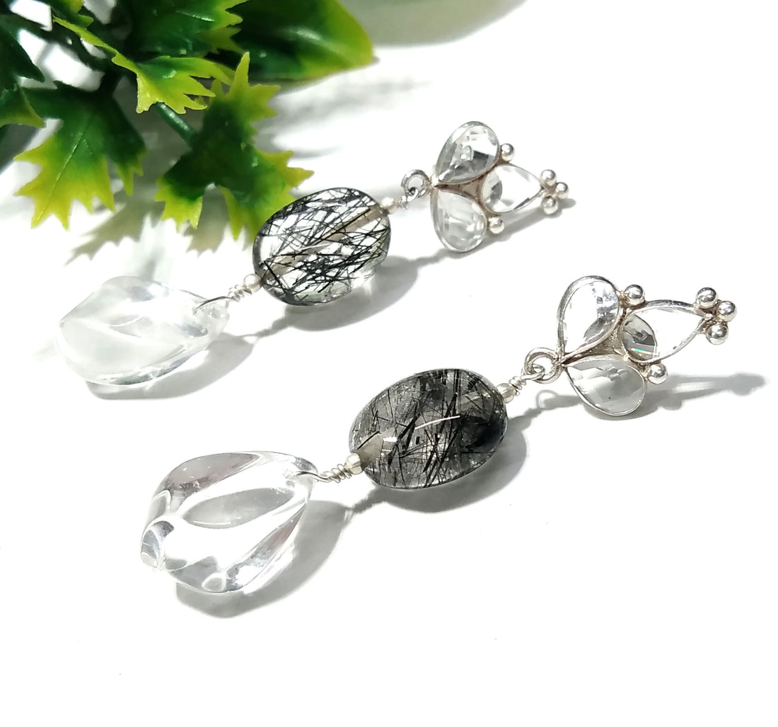 Rutile Quartz/Zircon And Crystal Gemstone Earrings ! 925 Silver With Natural Gemstone Zircon Faceted & Rutile Quartz Earring