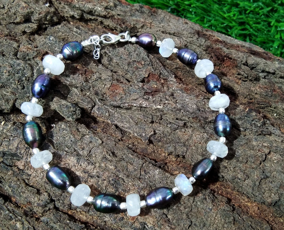 Rainbow Moonstone & Grey Pearl Adjustable Bracelets, Natural Gemstone With 925 Silver Jewelry, Wedding Bracelet, Bridesmaid Gift For Women