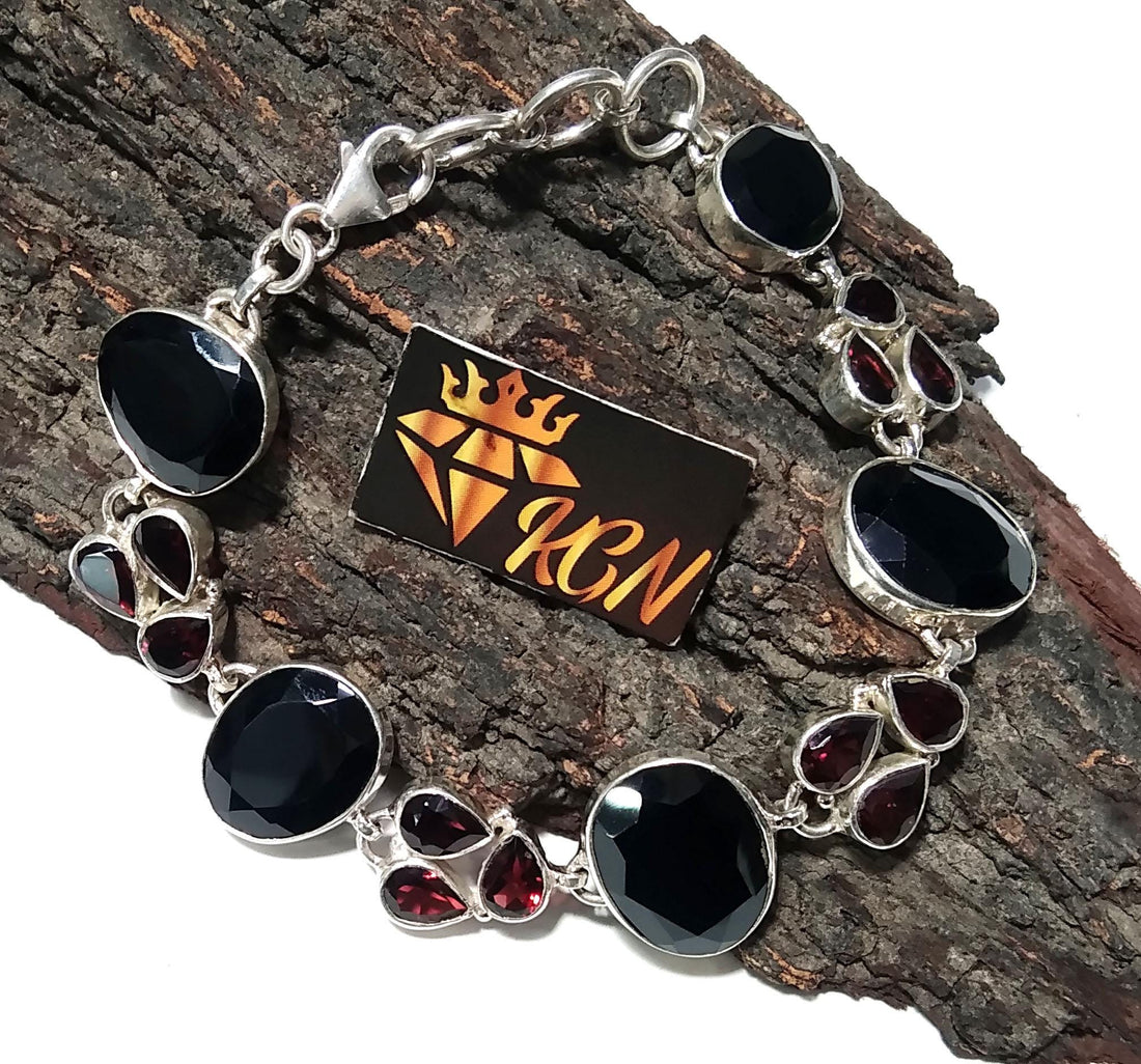 Natural Black Onyx, Garnet Gemstone Bracelet, Solid 925 Starling Silver Bracelet, 8 inches Gift Valentine day Bracelet, Handmade Jewelry