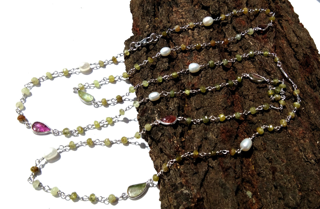 36'' Log Necklace ! Vessonite Necklace With Tourmaline & Pearl, 925 Sterling Silver Jewelry, Handmade Beaded Necklace, Gemstone Necklace.