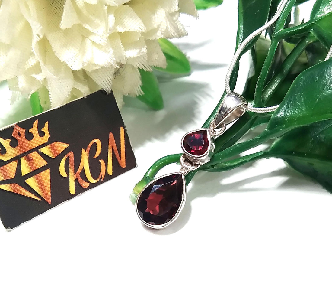 Natural Garnet Faceted Stone Chain Pendant Necklace, 925 Sterling Silver Beautiful Design Nice Color Garnet Gemstone Pendant, Gift For Her