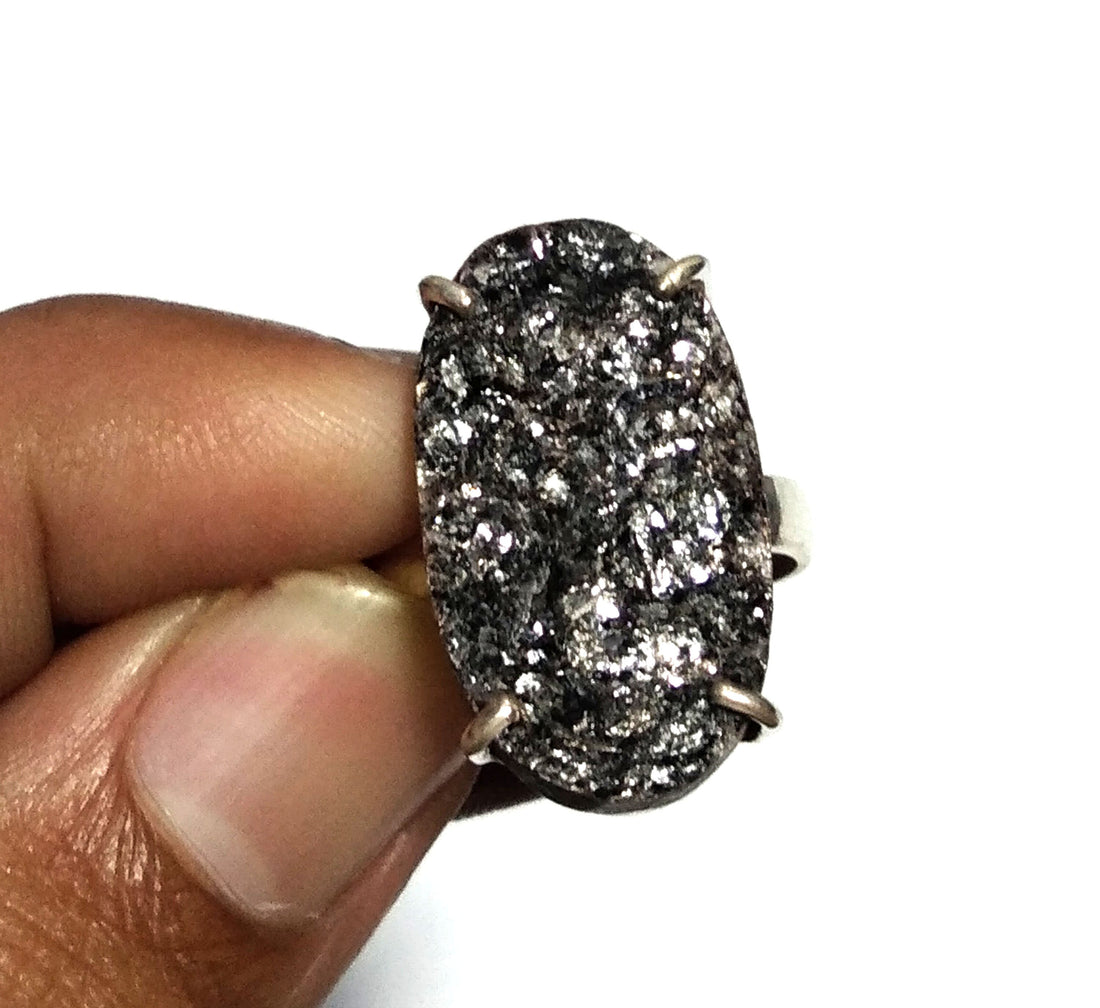 Black Silver Mica Druzy Gemstone Ring, 925 Solid Sterling Silver Ring, Black Druzy Stone Size 24x14 mm Handmade Ring, Gift Birthday Ring