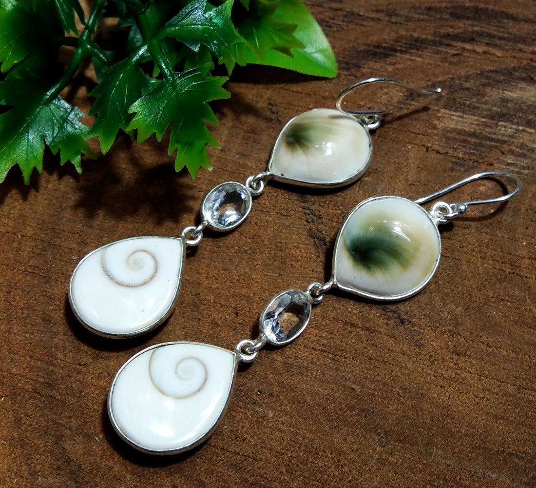 Natural Shiva Eye Shell Stone Earring, 925 Solid Starling Silver Earring, Beautiful Shiva Eye Shell/Topaz Stone Size 17x14 mm Gift Earring