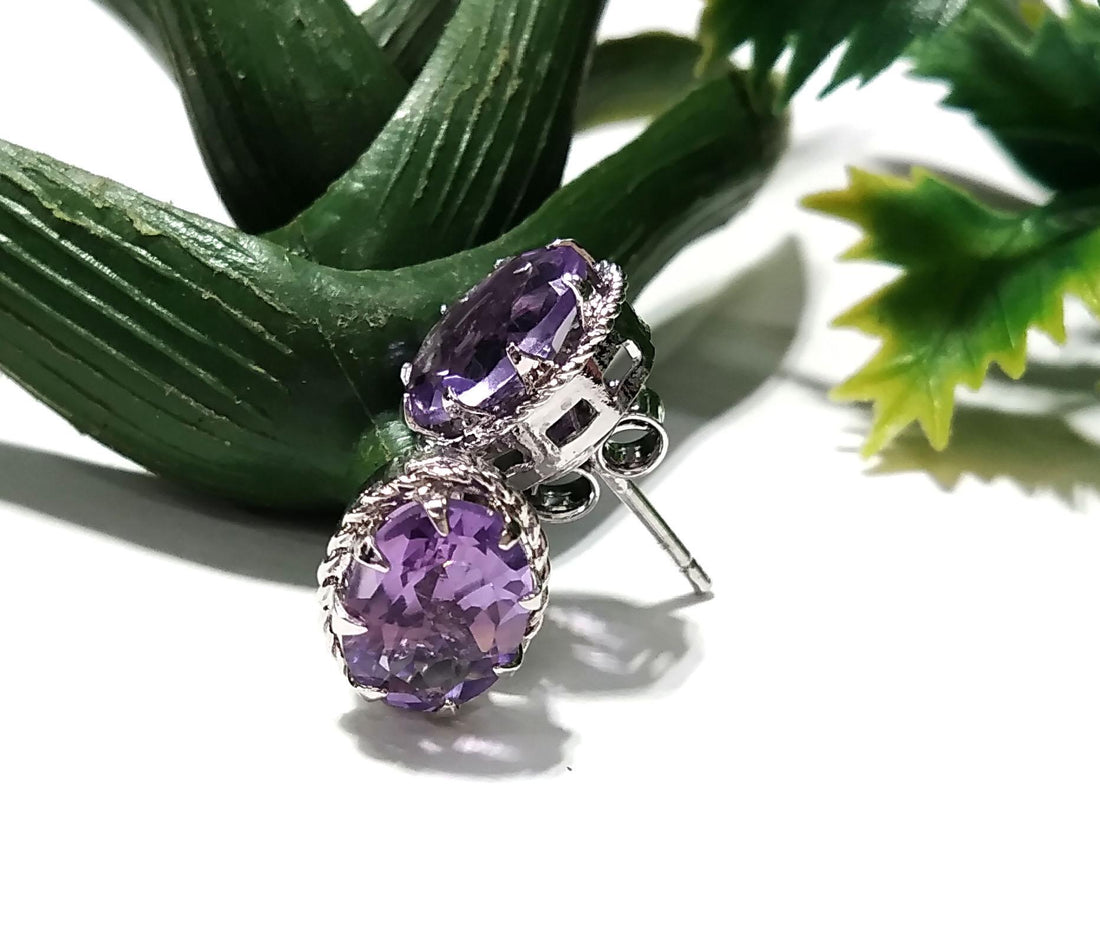 Amethyst Stud Earrings, 925 Solid Starling Silver Earring Jewelry, Natural Amethyst Gemstone Oval Shape Stone Size 9x7mm Gift For Her, Studs