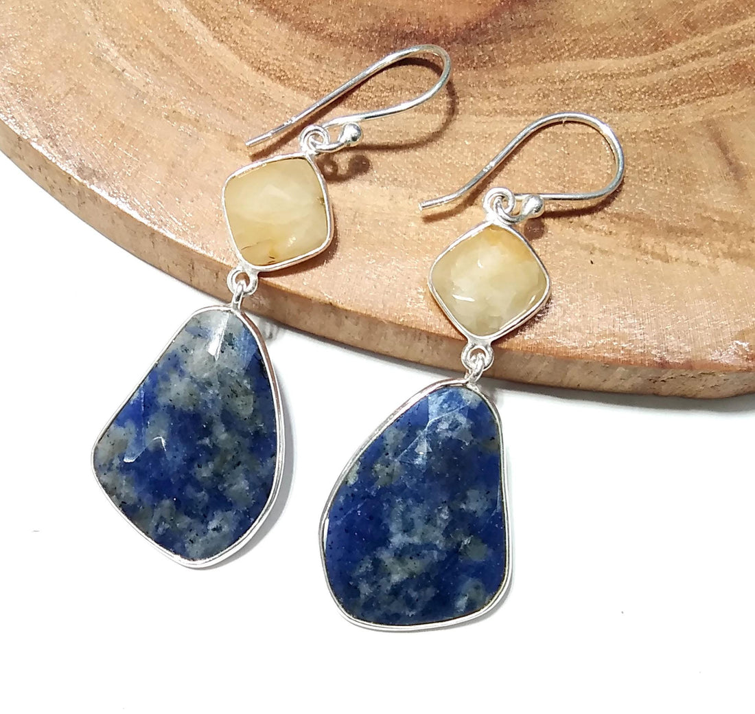 Very Nice Earring ! Yellow Sapphire & Blue Jade Natural Gemstone Earring, 925 Solid Starling Silver Jewelry, Handmade Bezel Earring For Gift