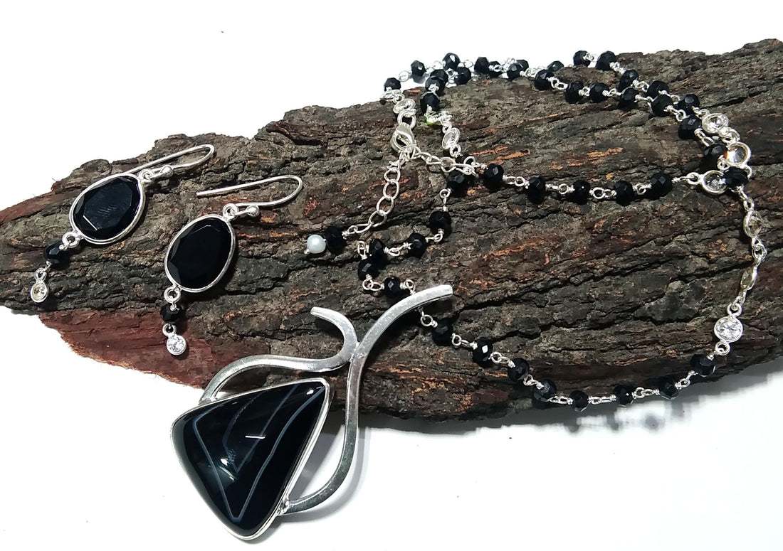 Black Banded Agate Necklace & Earring Set, Solid 925 Sterling Silver Necklace, Beautiful Design Necklace Jewelry Gift Birthstone