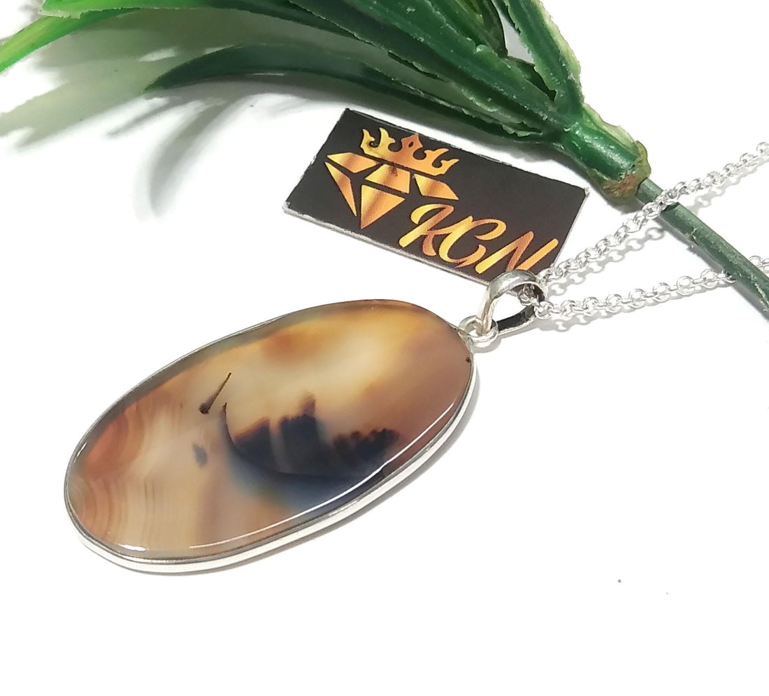 Natural Montana Agate Gemstone Pendant, 925 Starling Silver Pendant Necklace Chain, Handmade Jewelry Stone Size 40x22 mm Gift Pendant