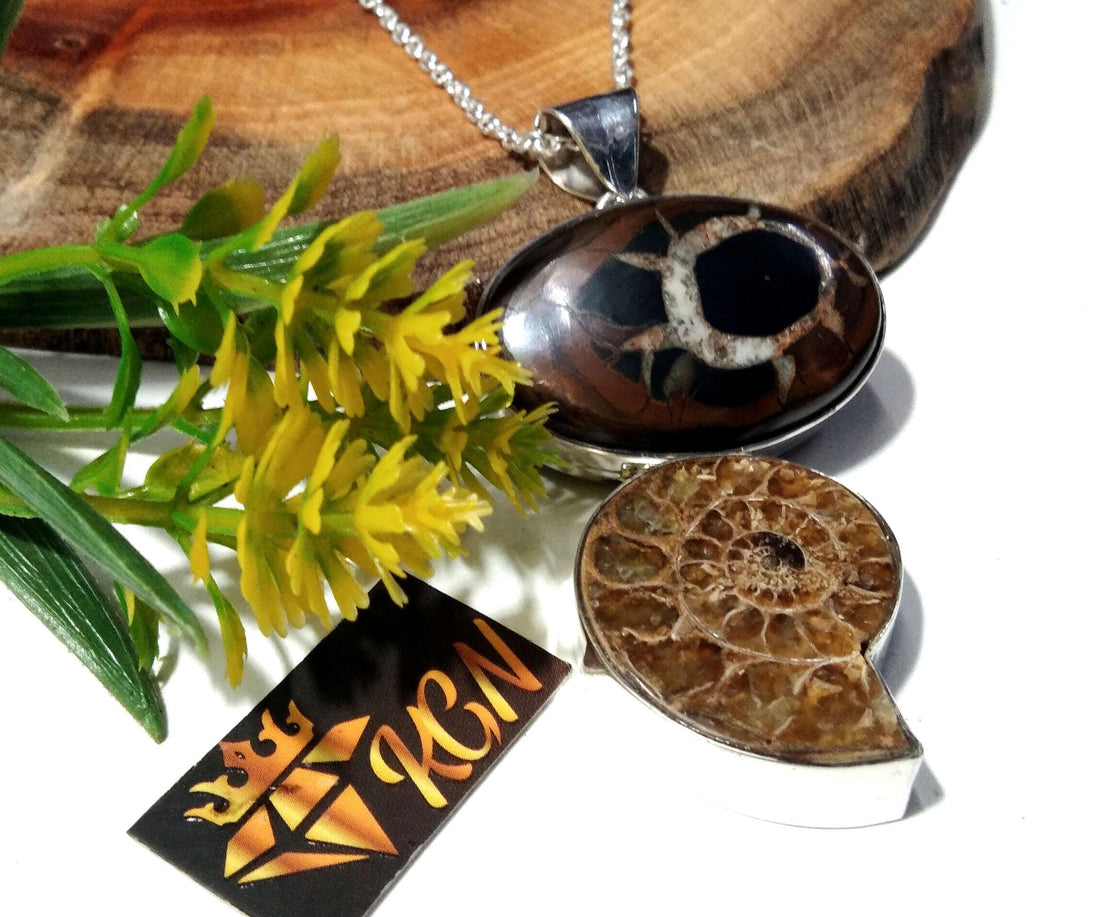 Natural Sapterian & Ammonite Gemstone Pendant Chain Necklace, 925 Silver Pendant Jewelry, Handmade Pendant Necklace, Gift Birthday Pendant