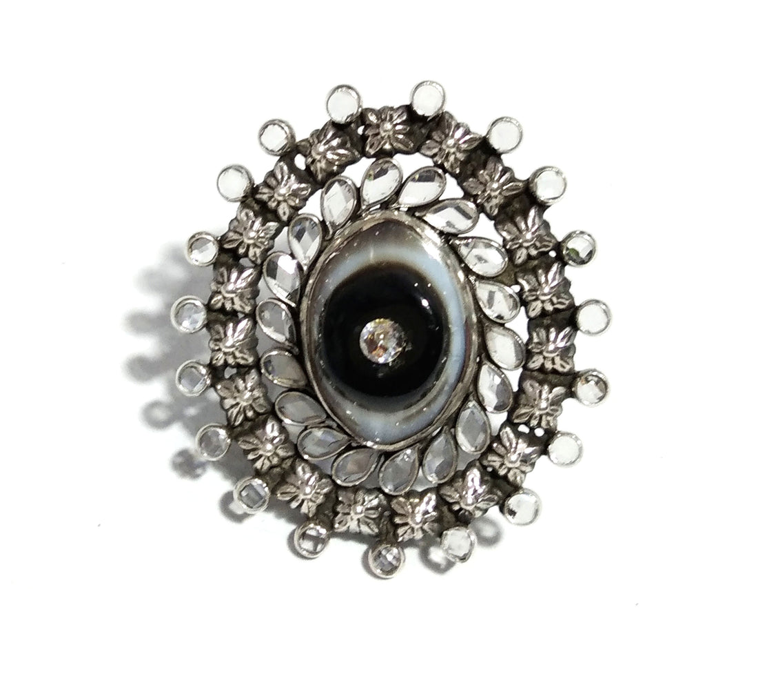 Natural Black Banded Agate, White Zircon Stone Ring, 925 Solid Starling Silver Black Plated Ring, Zircon Handmade Ring, Gift Engagement Ring