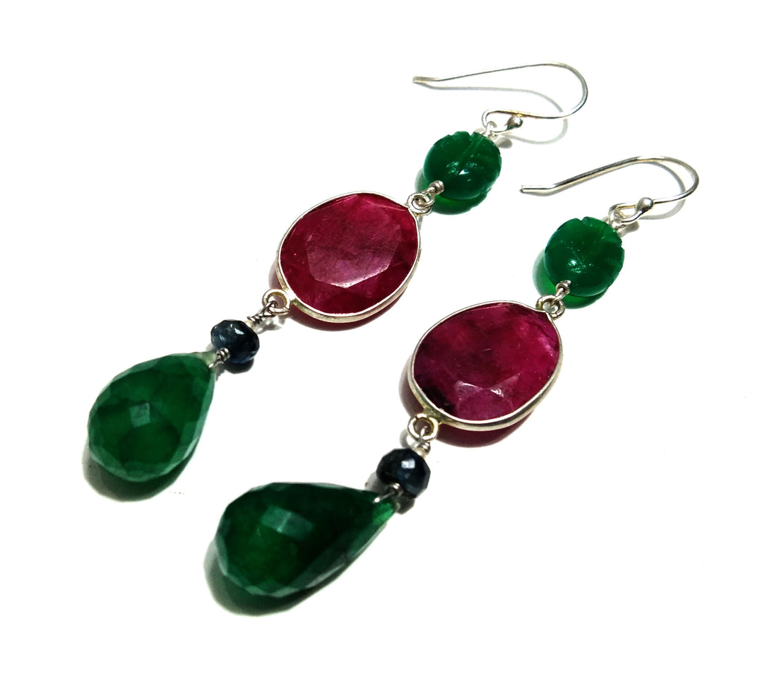 Red Ruby/Green Jade Earring, 925 Solid Starling Silver Earring, Amazing Ruby Stone Handmade Earring, Gift Women Christmas Earring Jewelry