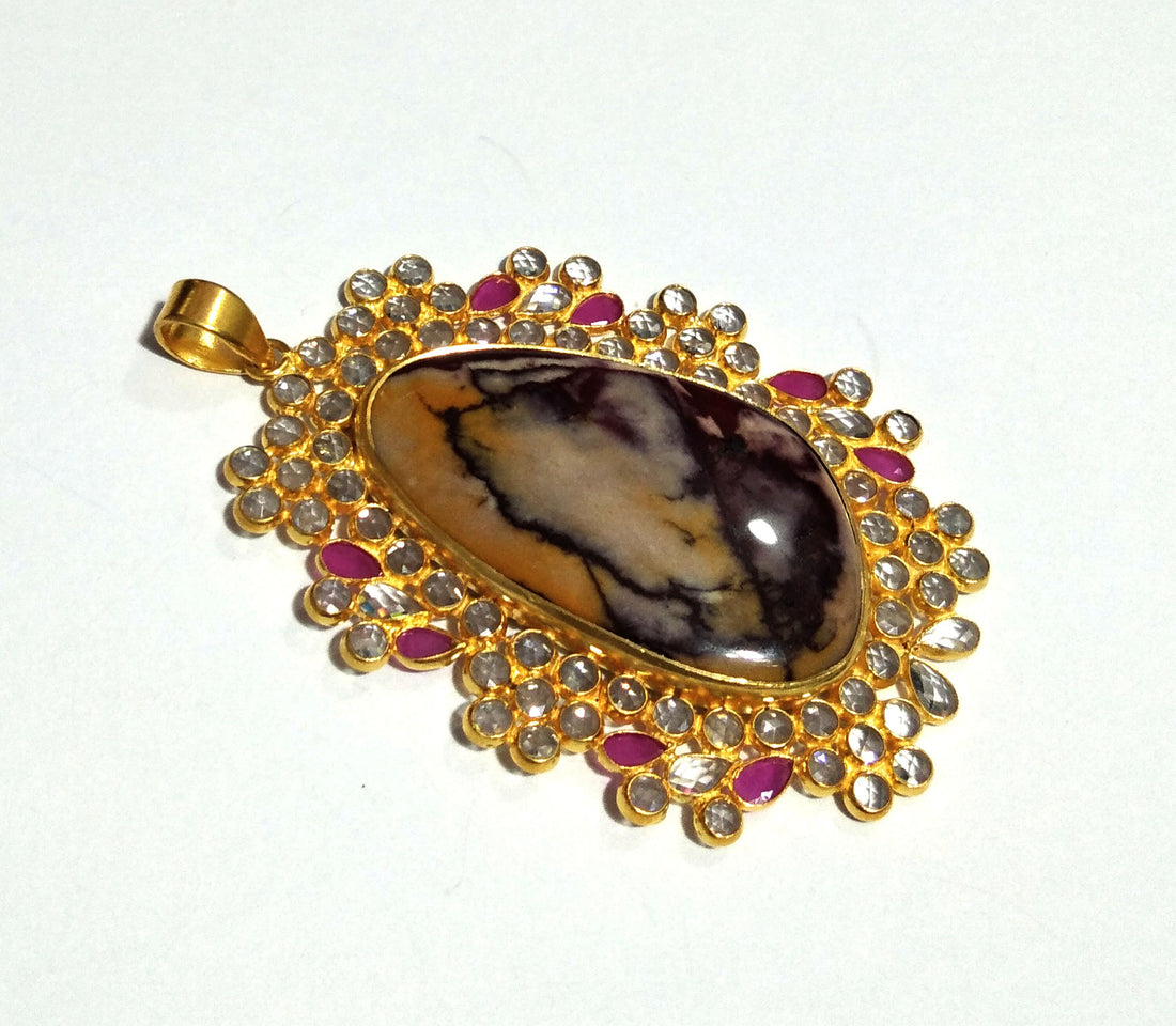 Natural Mookite Jasper, White Zircon Stone Pendant, Solid 925 Starling Silver Gold Plated Pendant, Stone Size 42x24 mm Halloween day Pendant