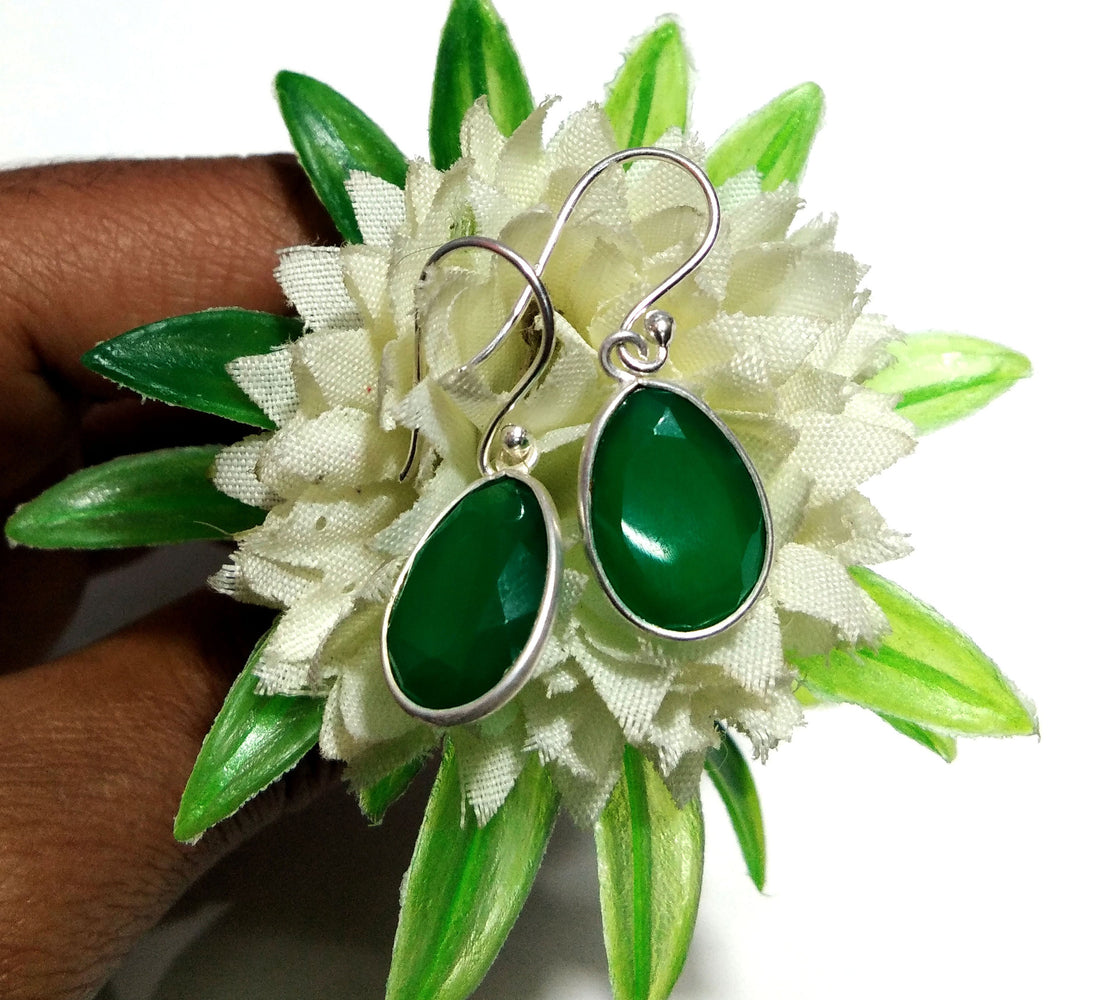 Amazing Natural Green Onyx Stone Earring, Solid 925 Starling Silver Earring, Green Onyx Fancy Shape Stone Size 14x10mm Gift Birthday Earring