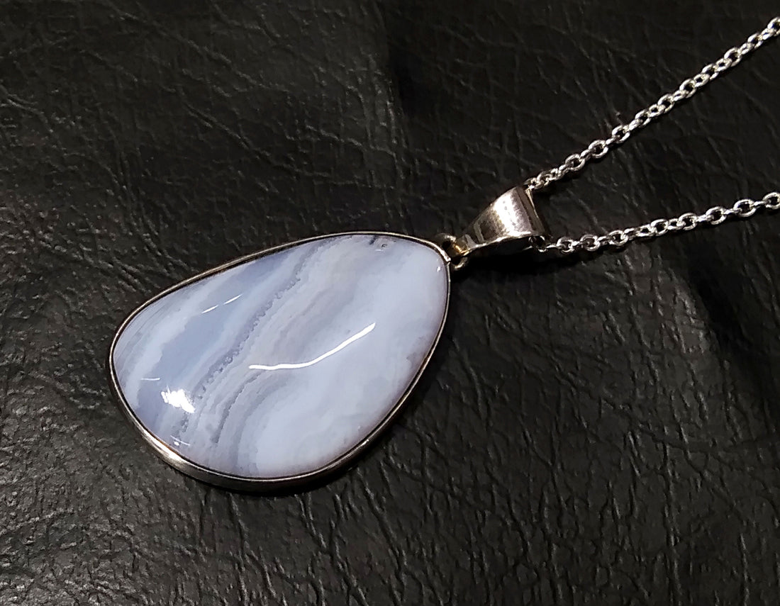 Blue Lace Agate Gemstone Pendant, Solid 925 Sterling Silver Handmade Jewelry, Blue Lace Agate Pendant Chain Necklace, Gift For Girls & Women