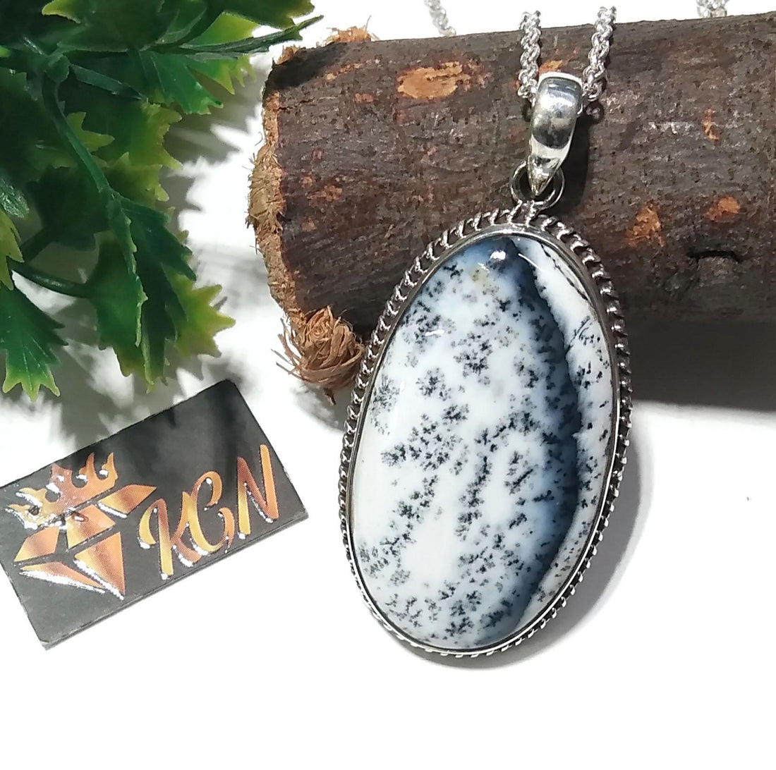 Amazing Design Dendrite Opal Gemstone Pendant Chain Necklace, Natural Dendrite Stone With 925 Sterling Silver Pendant, Gift Wedding Jewelry
