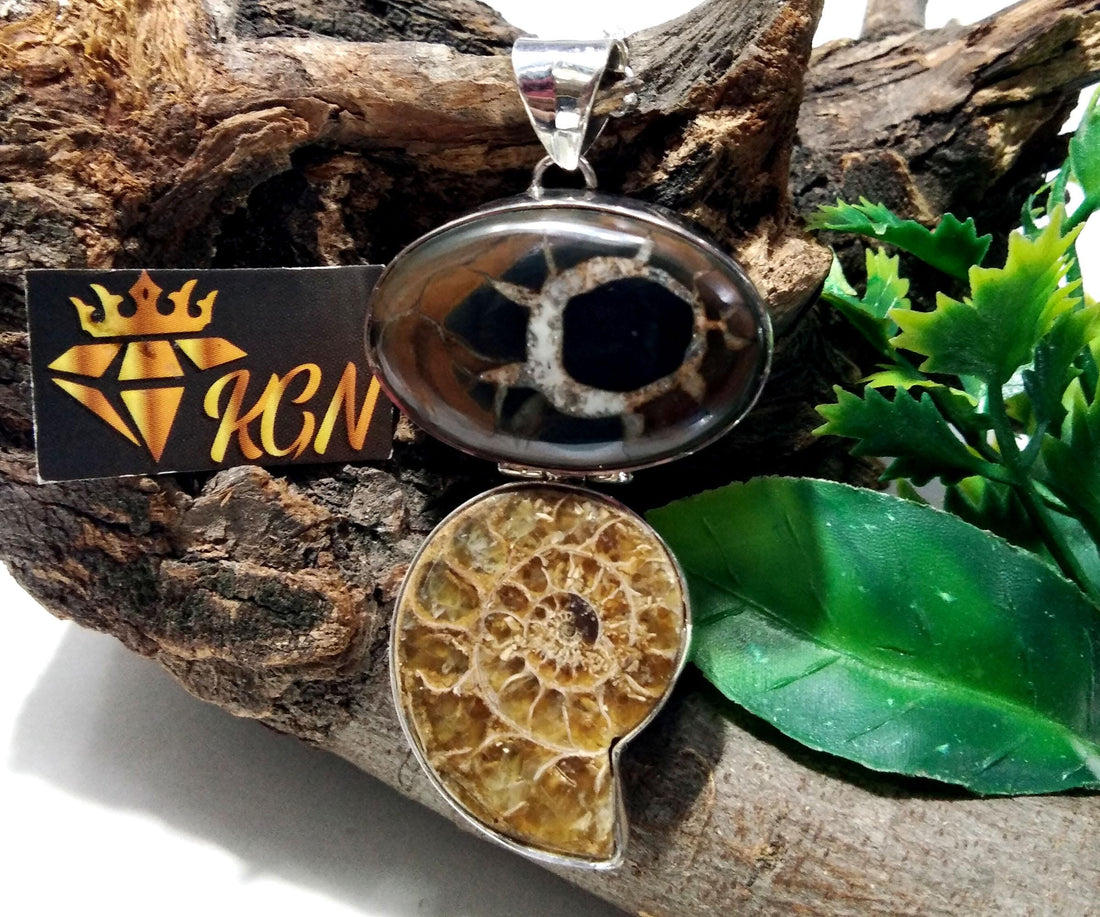 Natural Sapterian & Ammonite Gemstone Pendant Chain Necklace, 925 Silver Pendant Jewelry, Handmade Pendant Necklace, Gift Birthday Pendant