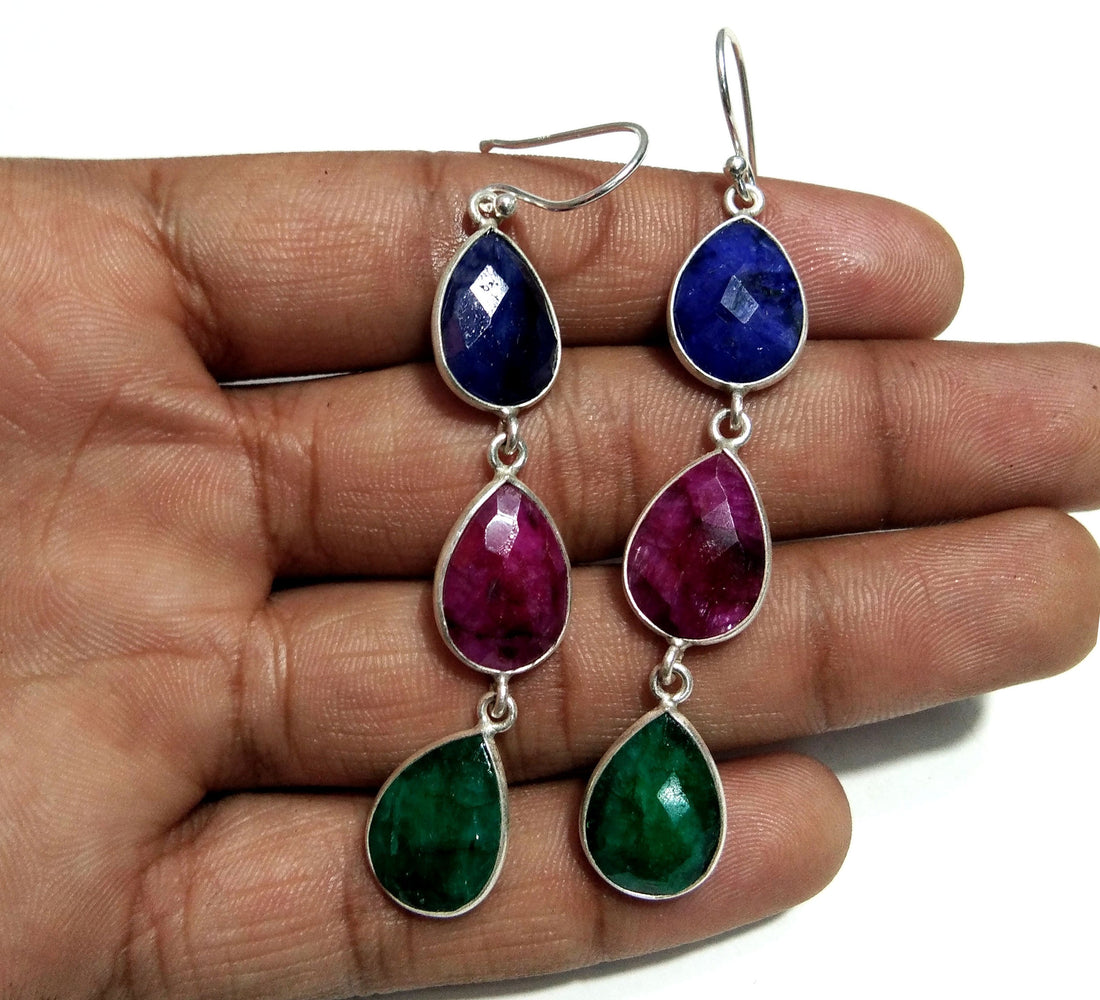 Natural Emerald, Red Ruby, Blue Sapphire Stone Drop Earring, 925 Solid Starling Silver Earring Gemstone, Gift Wedding Earring Jewelry
