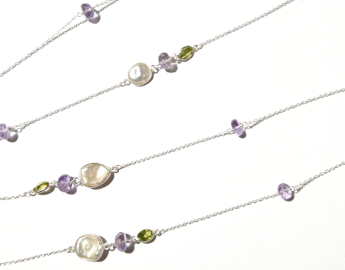 Beaded Log Necklace ! 925 Starling Silver With Natural Gemstone Peridot, Amethyst & Fresh Water Pearl Necklace, Beautiful Necklace For Women