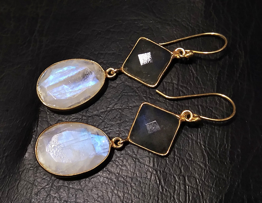Beautiful Nice Earring ! Natural Gemstone Labradorite & Rainbow Moonstone Earring, 925 Starling Silver With Gold Plated Earring For Women.