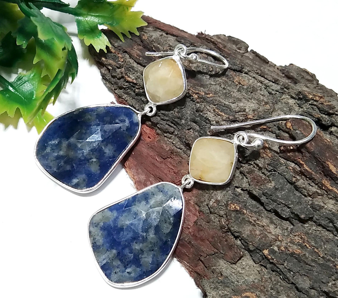 Very Nice Earring ! Yellow Sapphire & Blue Jade Natural Gemstone Earring, 925 Solid Starling Silver Jewelry, Handmade Bezel Earring For Gift