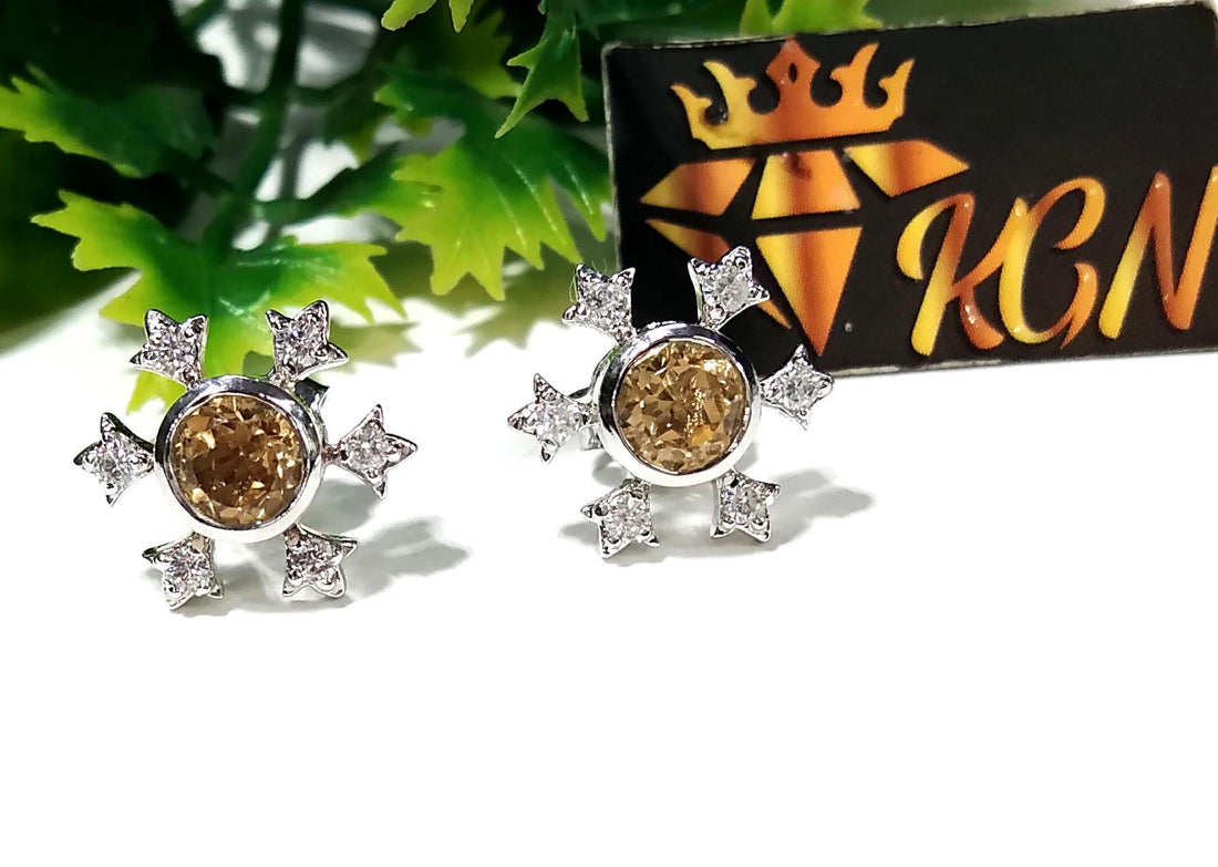 Amazing Design Citrine & White Zircon Stud Earring, 925 Starling Silver Earring, Natural Citrine Gemstone Round Shape Stone Size 5x5mm Studs