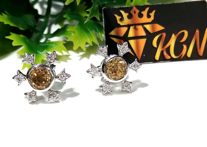 Amazing Design Citrine & White Zircon Stud Earring, 925 Starling Silver Earring, Natural Citrine Gemstone Round Shape Stone Size 5x5mm Studs