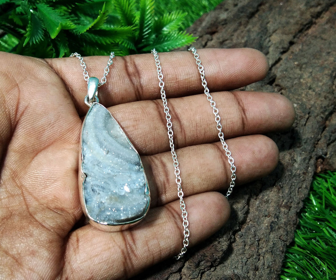 Beautiful Natural Desert Druzy Gemstone Pendant Chain Necklace, 925 Starling Silver Pendant, Handmade Gift Jewelry Wedding Pendant Stone