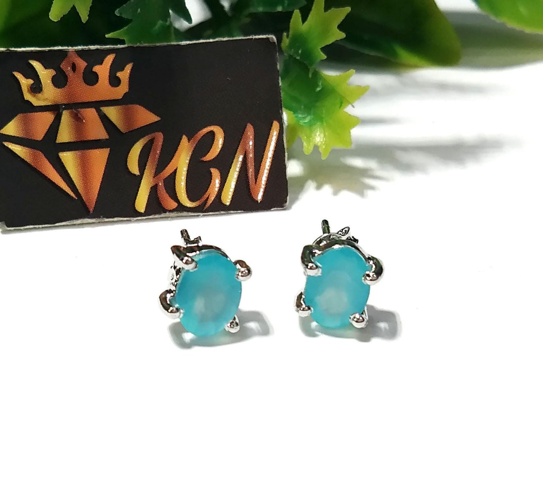 Aqua Chalcedony Stud Earrings, 925 Starling Silver Earring, Natural Aqua Chalcedony Studs Earring, Oval Shape Stone Size 7x5mm Gift For Her