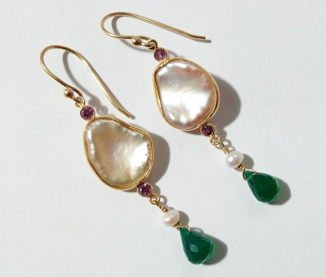 Natural Pearl, Garnet, Green Onyx Stone Earring, 925 Sterling Silver With Gold Plated & Delicate Earring, Handmade Earring Wedding Jewelry