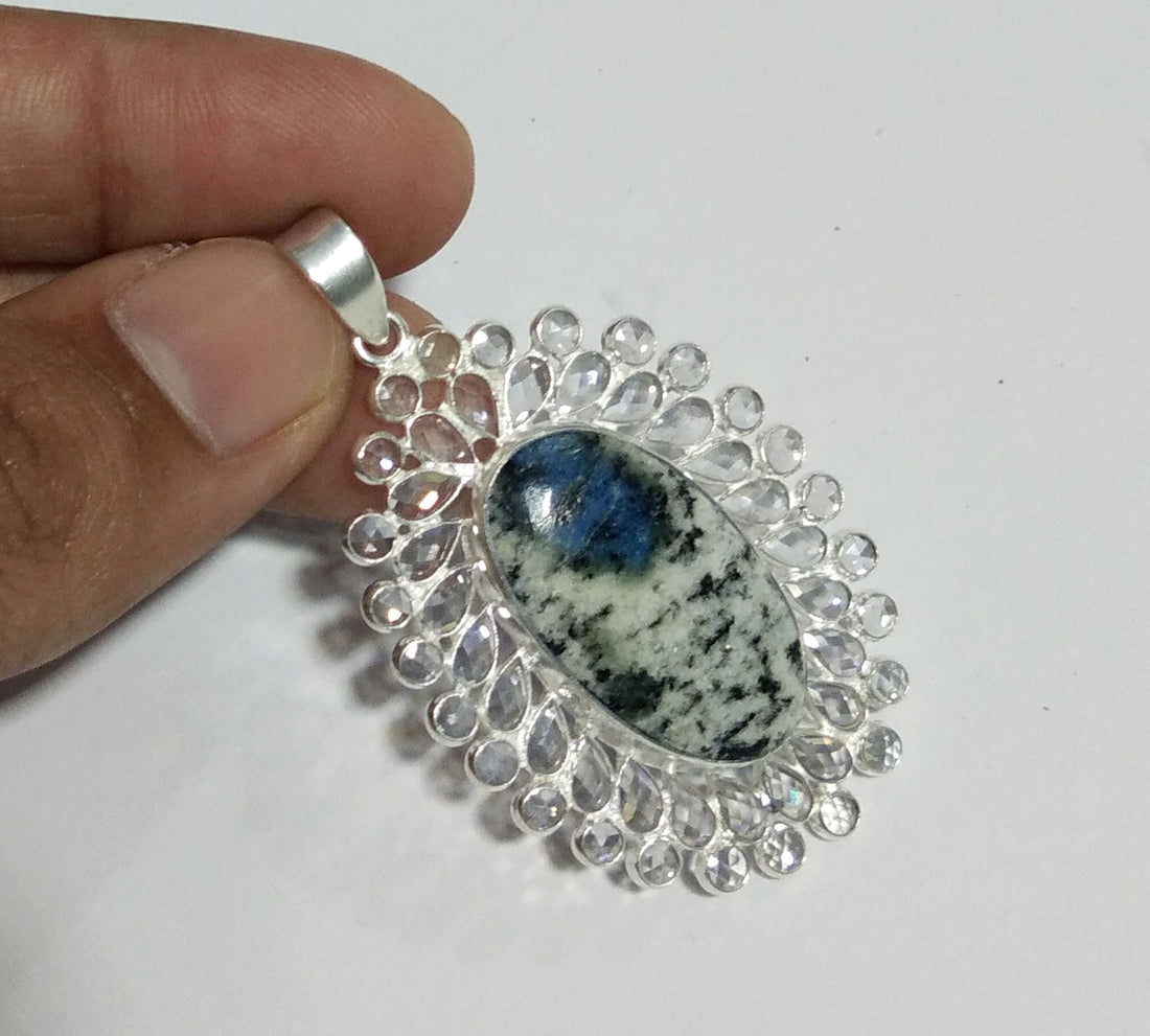Natural K2 Jasper/White Zircon Stone Pendant, 925 Solid Starling Silver Pendant, Stone Size 27x16 mm Gift Valentine day Pendant Jewelry