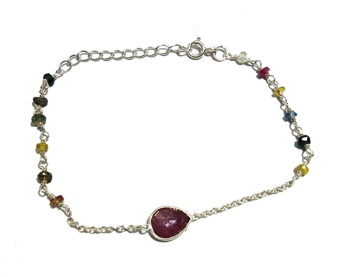 Natural Ruby, Multi Tourmaline Bracelet, 925 Sterling Silver Bracelet, Healing Crystal Gemstone, Tourmaline Gift Valentine day Bracelet