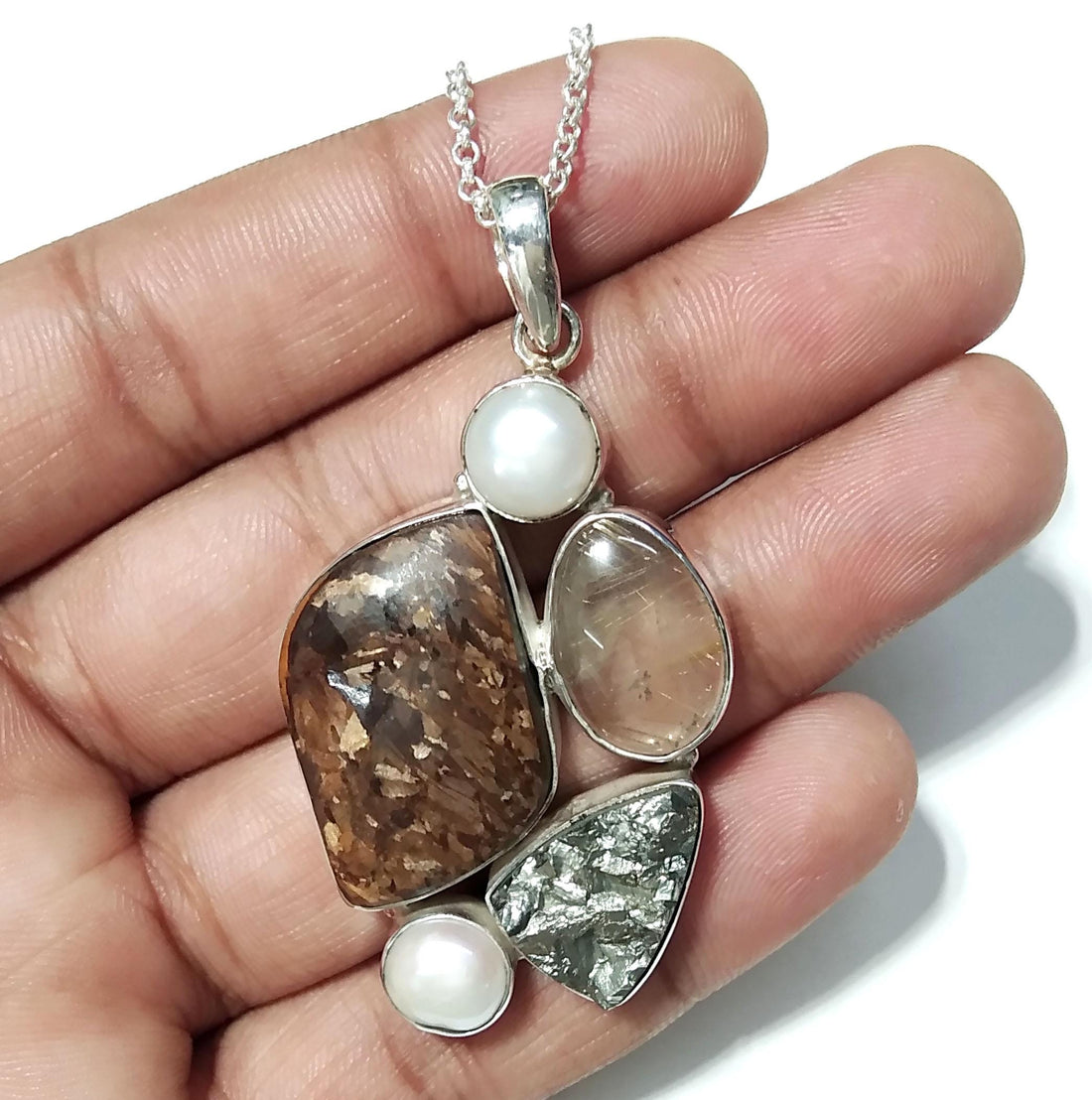 ALL Natural Gemstone Pendant, Bronzite With Real Multi Stone Pendant, 925 Starling Silver Jewelry Pendant, Handmade Making Stylish Pendant