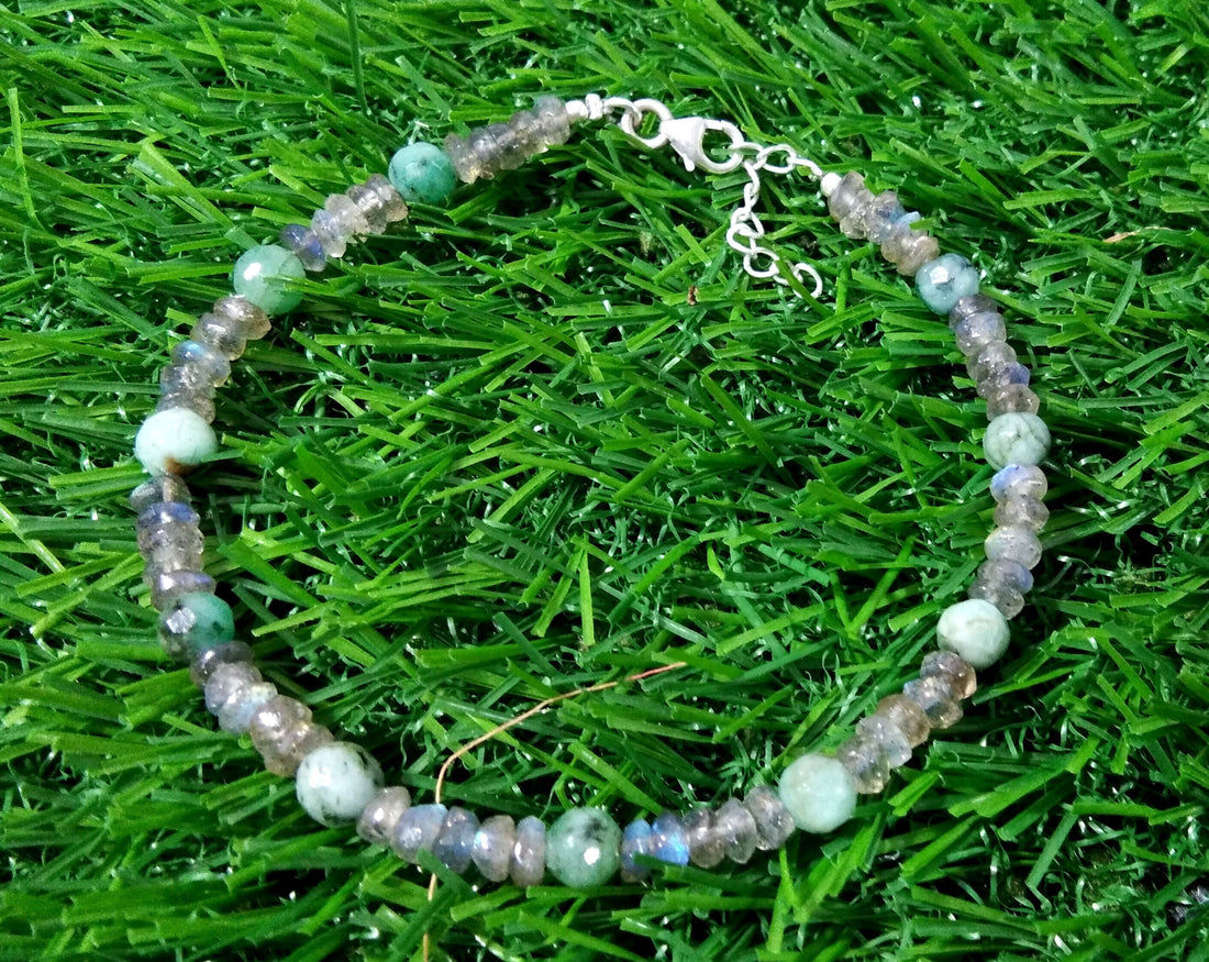 Natural Labradorite & Emerald Gemstone Bracelets With 925 Sterling Silver, Gemstone Beaded Adjustable Bracelets Gift for Girls/Women