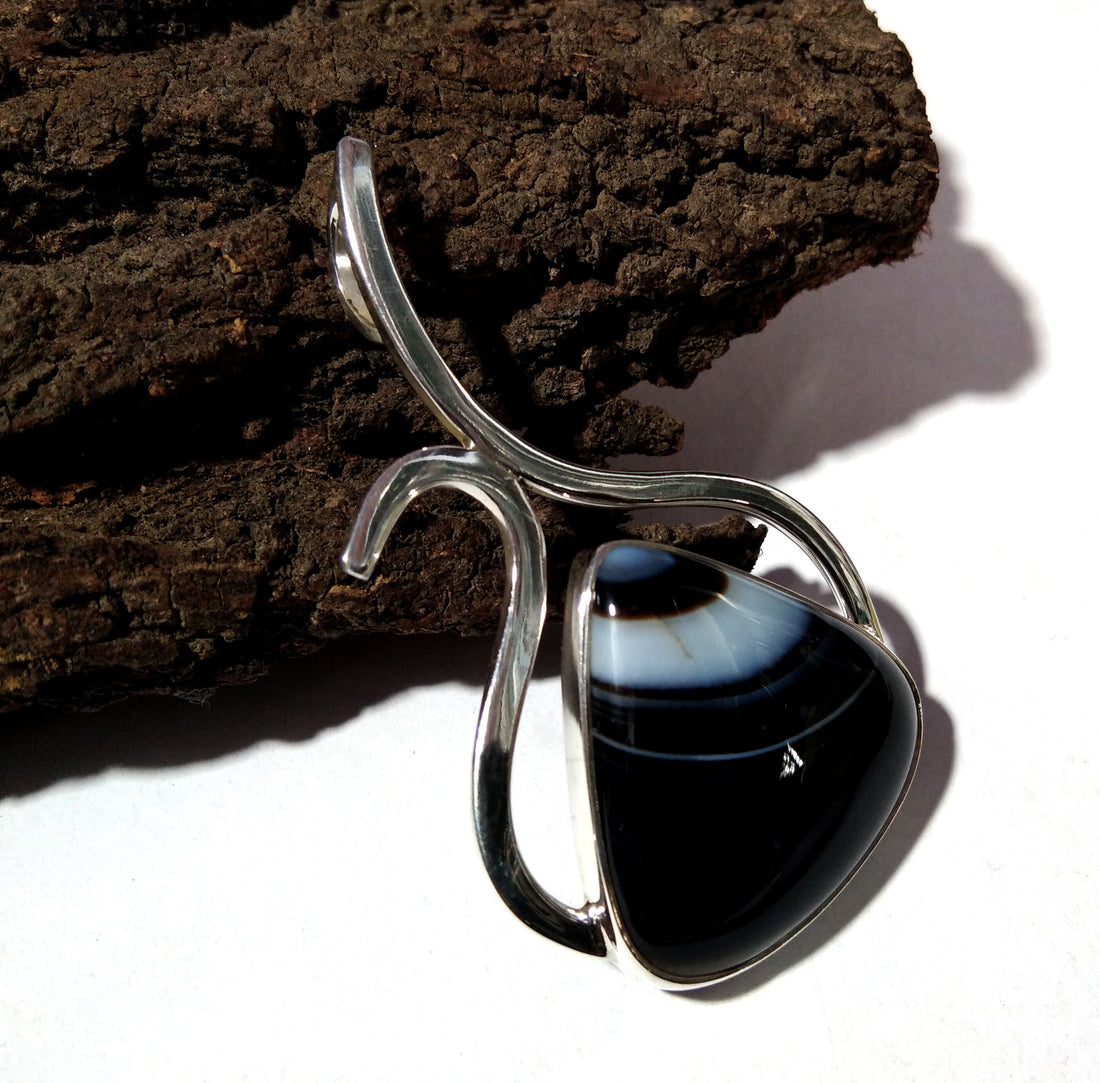 Natural Black Banded Agate Stone Pendant, Solid 925 Sterling Silver Pendant, Design Pendent Jewelry, Gift Birthday Pendant Jewelry
