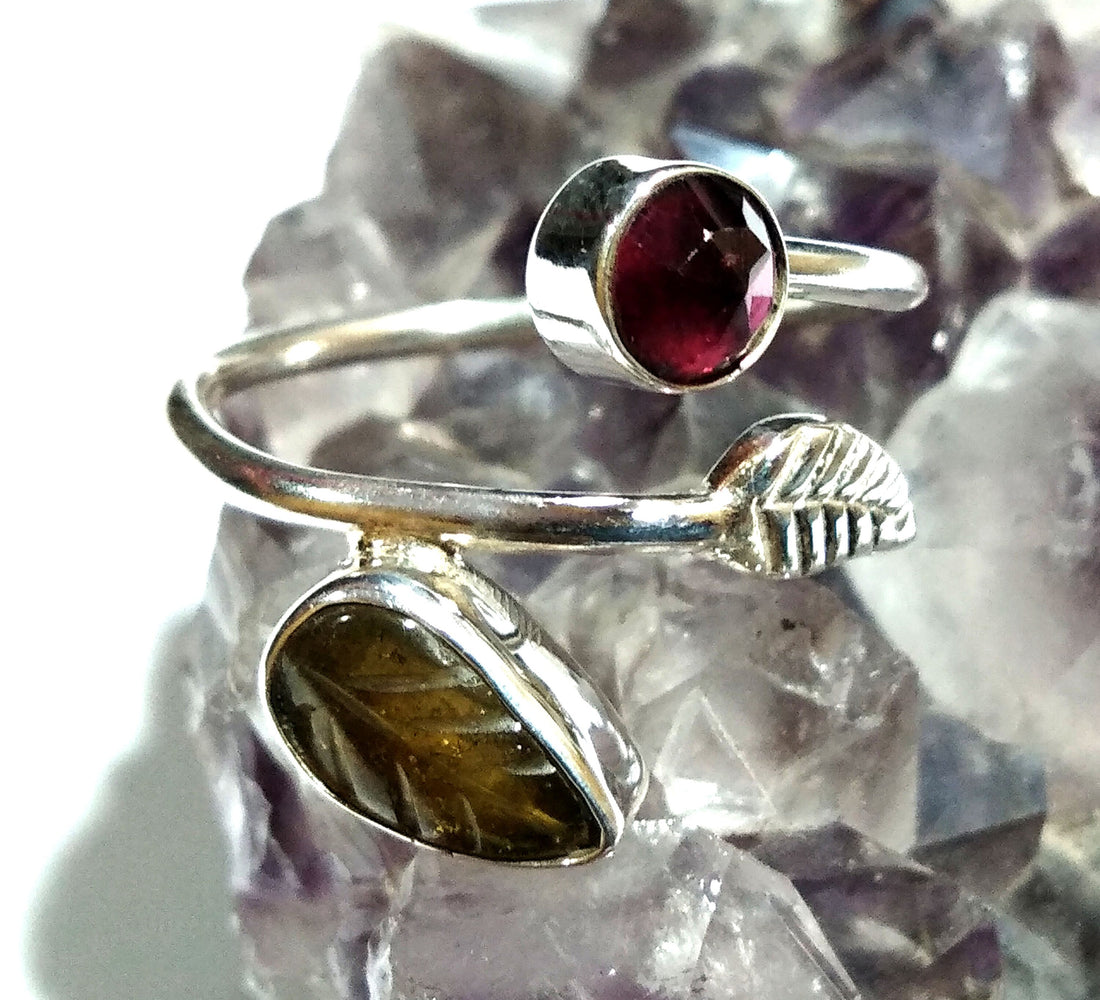 Tourmaline Leaf & Garnet Stone Rings, 925 Starling Silver Ring, Natural Gemstone Jewelry, Beautiful Nice Design Silver Ring, Wedding Gift.