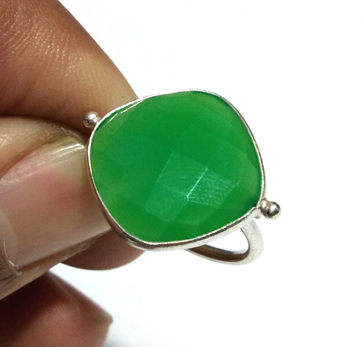 Chrysoprase Checker Cut Stone Ring, 925 Starling Silver Ring, Gemstone Size 16x16mm Natural Green Chrysoprase Stone Gift Engagement Ring