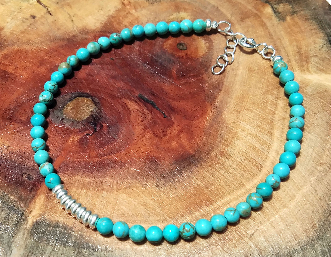 Natural Turquoise Gemstone Bracelet, Solid 925 Silver Wristlet Beaded Bracelet, Healing Crystal Beaded Bracelet, Men & Women Round Bracelet