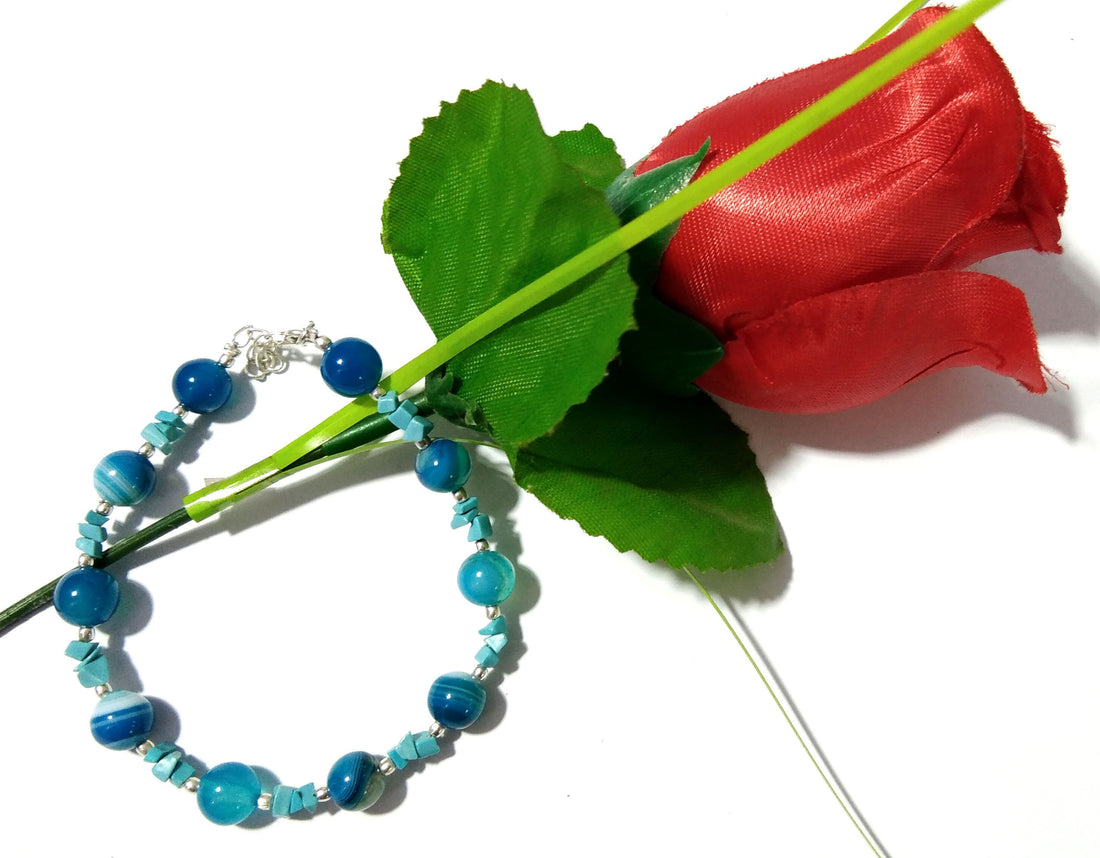 Blue Lace Agate & Turquoise Healing Crystal Beaded Bracelet, Natural Gemstone With 925 Silver Jewelry, Bridesmaid Gift, Friendship Bracelet