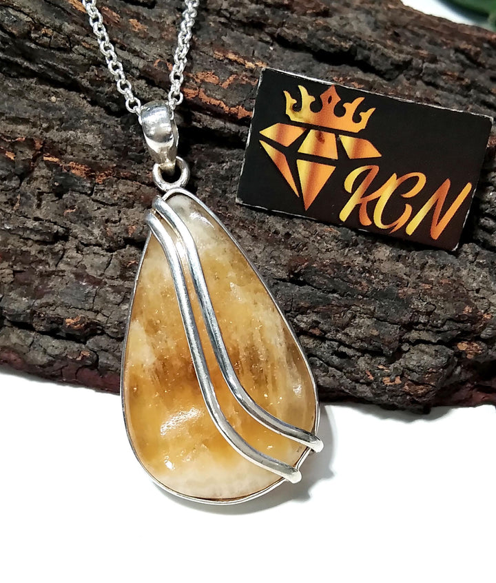 Natural Yellow Lace Agate Stone Chain Pendant Necklace, 925 Sterling Silver Pendant, Beautiful Color Yellow Agate Stone Pendant Gift For Her