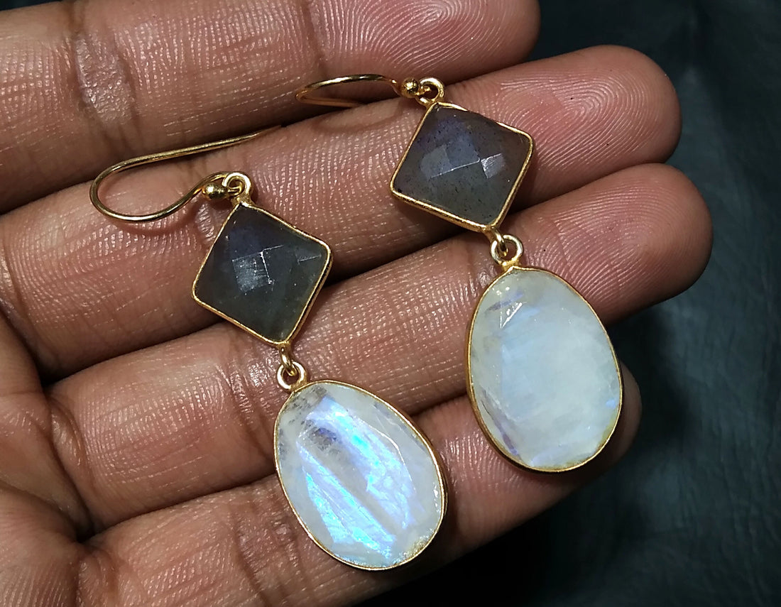 Beautiful Nice Earring ! Natural Gemstone Labradorite & Rainbow Moonstone Earring, 925 Starling Silver With Gold Plated Earring For Women.