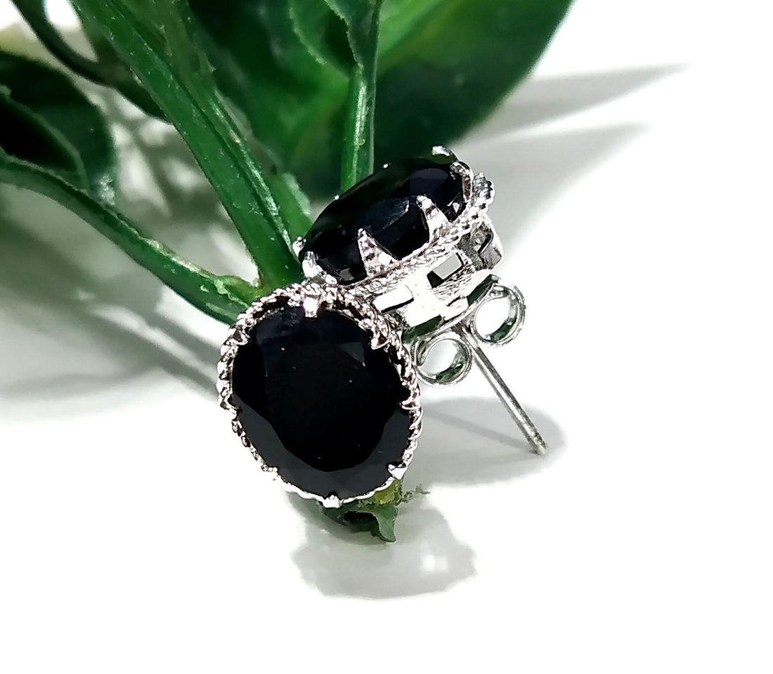 Black Onyx Faceted Stud Earrings, 925 Starling Silver Design Earring, Natural Black Onyx Gemstone Oval Shape Stone Size 9x7mm Christmas Gift