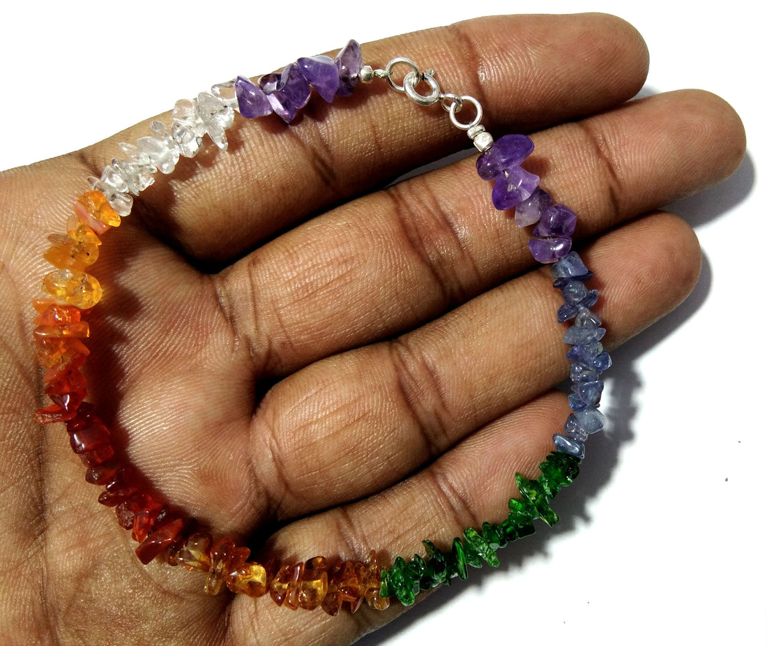 925 Silver With Natural Gemstone Bracelet, 7 Chakra Bracelet, Reiki Healing Crystal Gemstone Anxiety Healing Crystal Bracelet, Yoga Energy