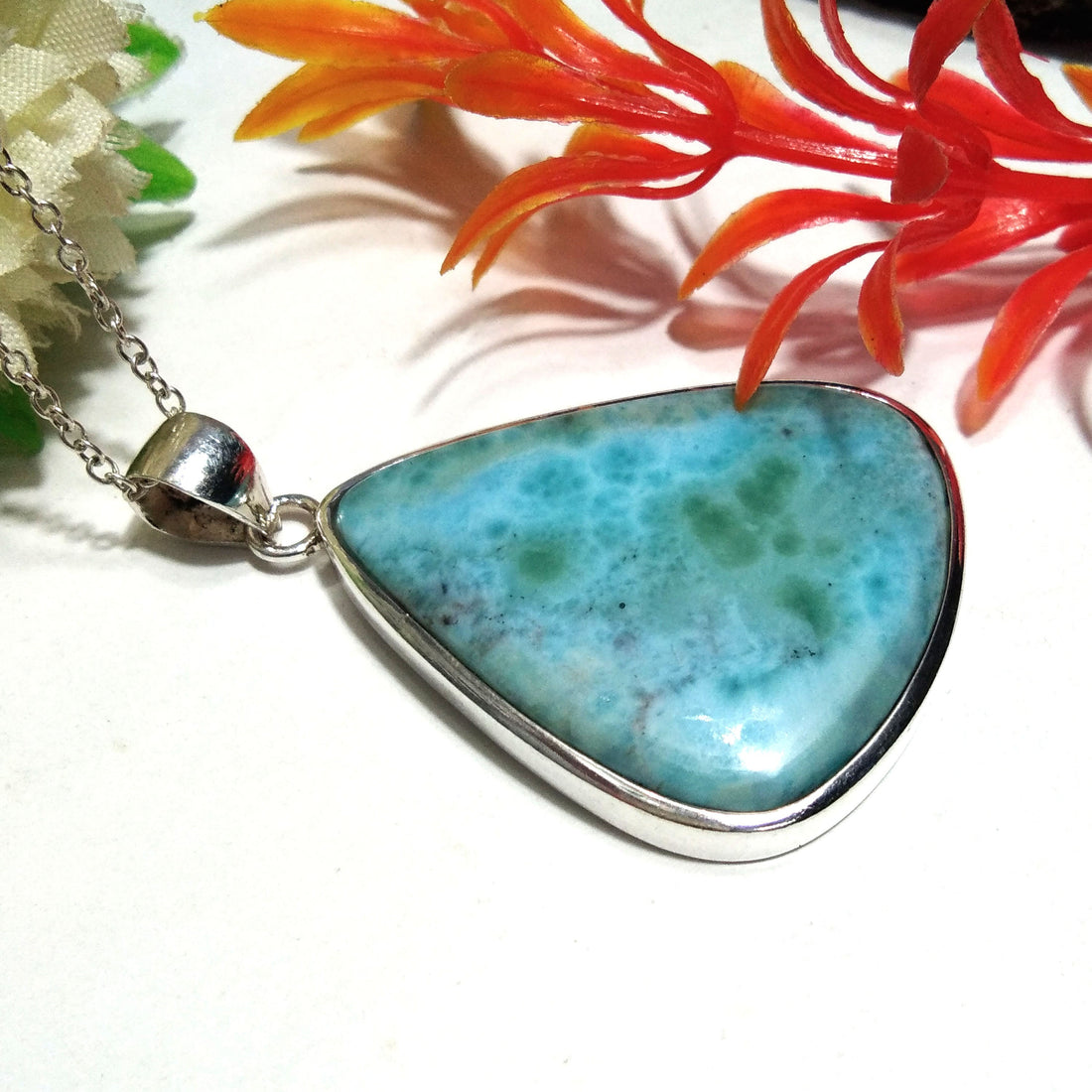 Natural Larimar Gemstone Chain Pendant Necklace, 925 Starling Silver Pendant, Handmade Jewelry Wonderful Larimar Stone Size 37x32 mm Pendant