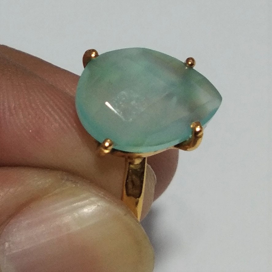 Natural Aqua Chalcedony Gemstone Ring, 925 Sterling 18k Gold Plated Silver Ring, Chalcedony Stone Size 14x10 mm Handmade Mother day Ring