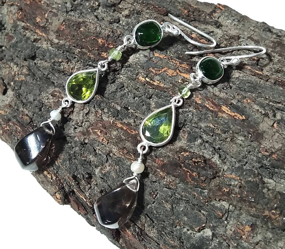 Natural Green Tourmaline/Peridot And Smoky Quartz Stone Earring, 925 Starling Silver Earring Handmade Making Jewelry Earring, Gift For Women
