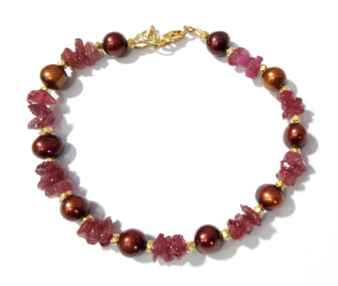 Awesome Natural Ruby Rough & Brown Pearl Bracelet, 925 Sterling Silver With Gold Plated Adjustable Bracelets, Handmade Making Pearl Bracelet
