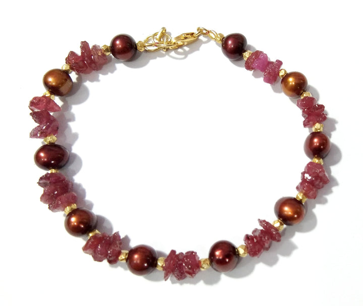 Awesome Natural Ruby Rough & Brown Pearl Bracelet, 925 Sterling Silver With Gold Plated Adjustable Bracelets, Handmade Making Pearl Bracelet